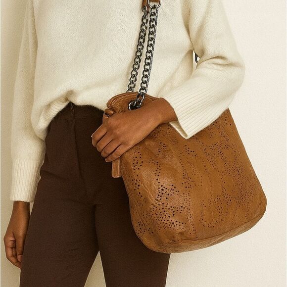 Crown Vintage Tan leather hobo shoulder bag Tote - Picture 2 of 13